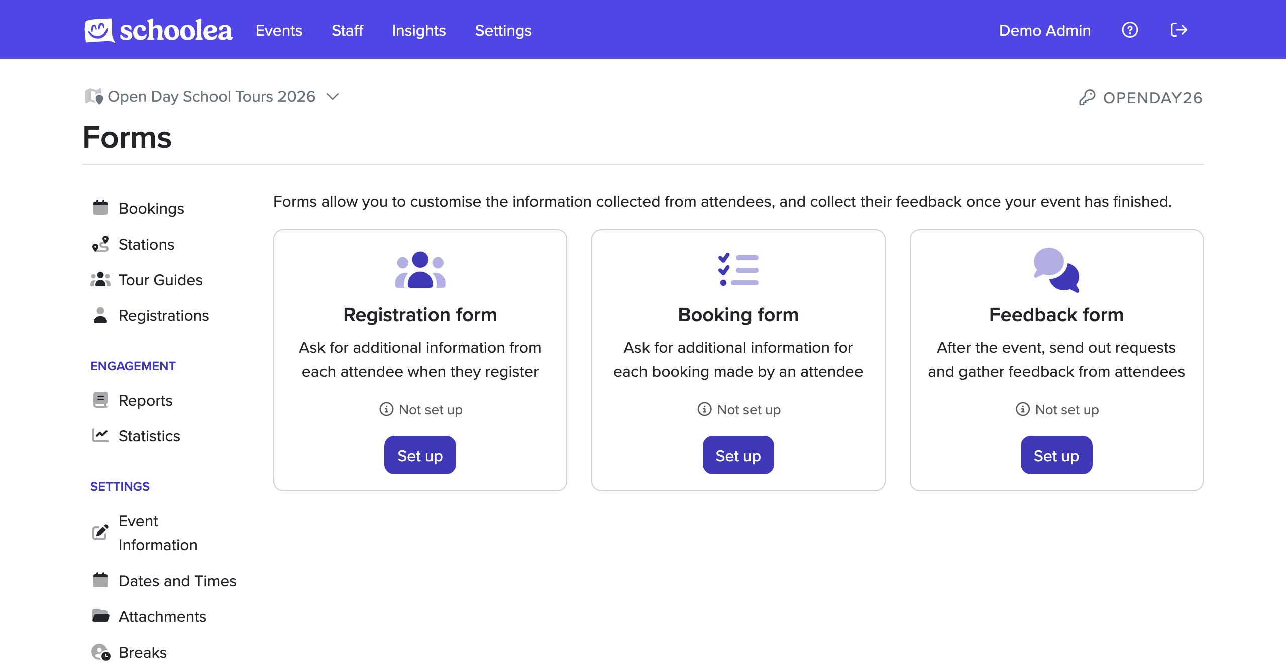 Setting up a form for an event